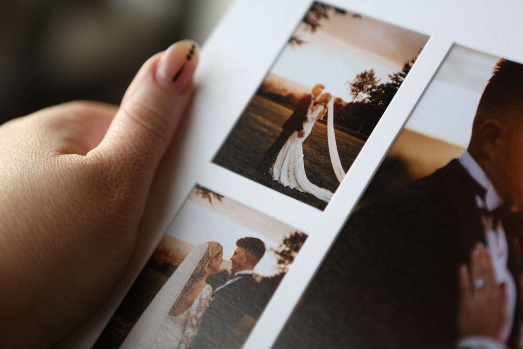 A photographers detail shot of a matted album with pearl paper print by a fine art UK album supplier