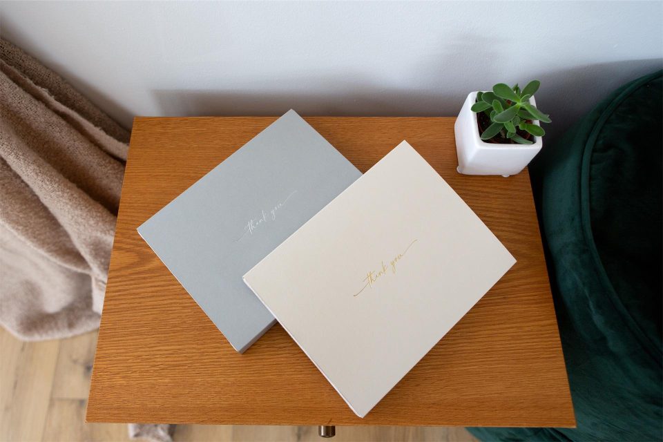 Two Thank You Boxes with gold and silver foiling