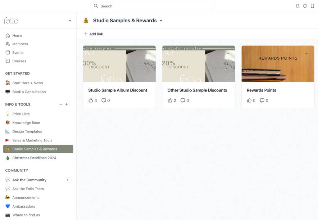 Screenshot of the Folio professional only community pages with details of the studio sample discounts