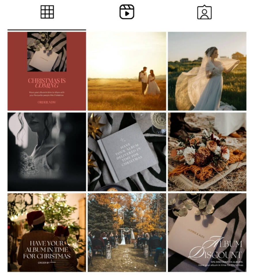 Instagram 9 grid showing an album marketing campaign to sell more photo albums.