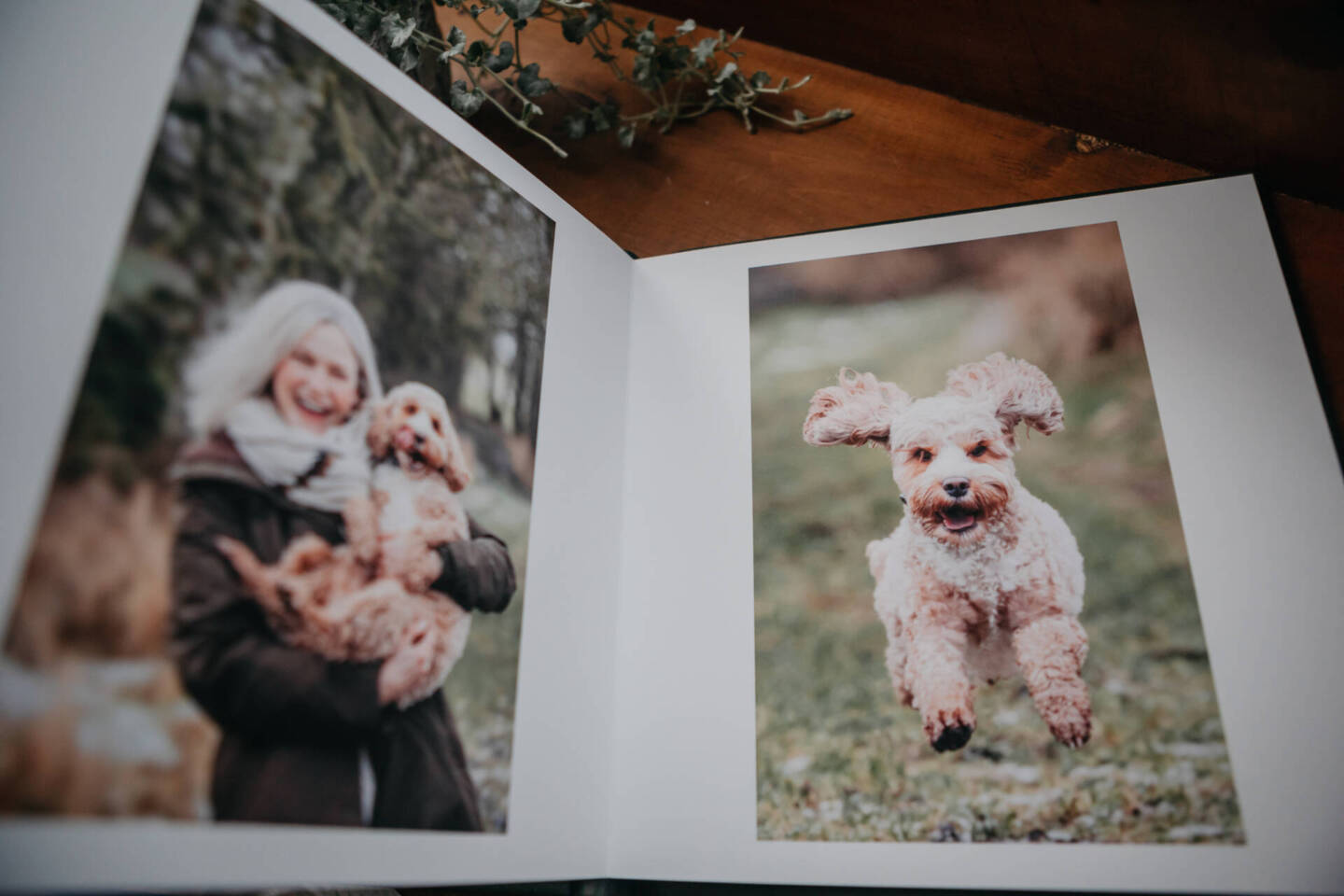 Photo album with printing of photographs of a woman with a dog