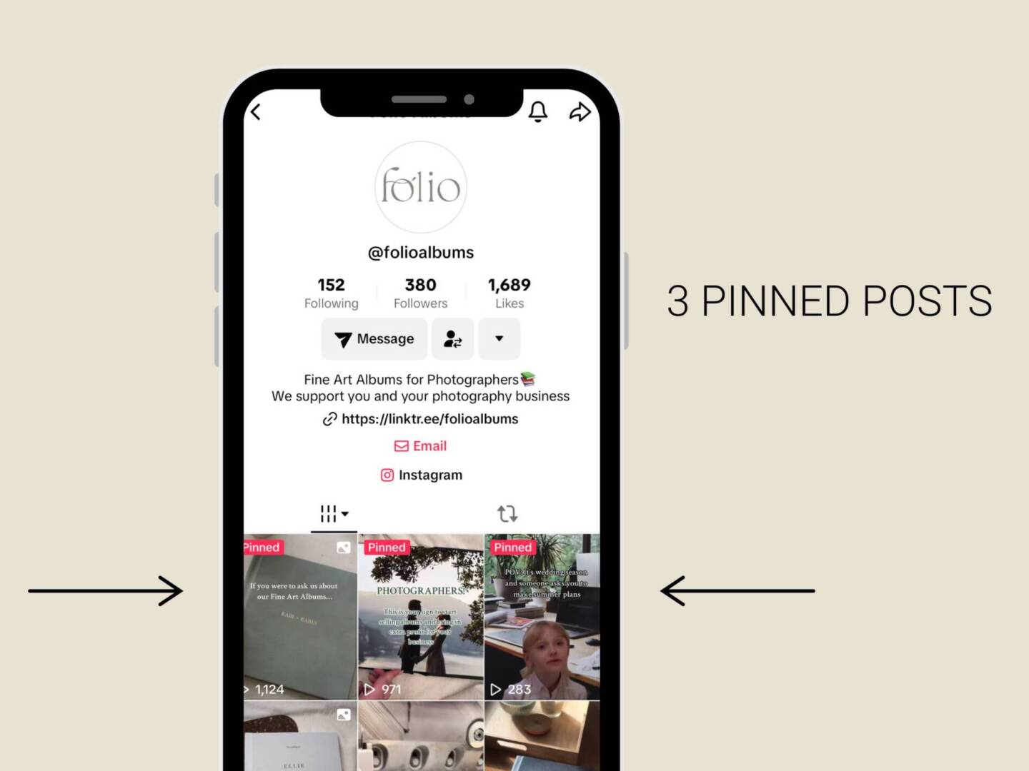 screenshot of TikTok home page with arrows pointing to pinned posts