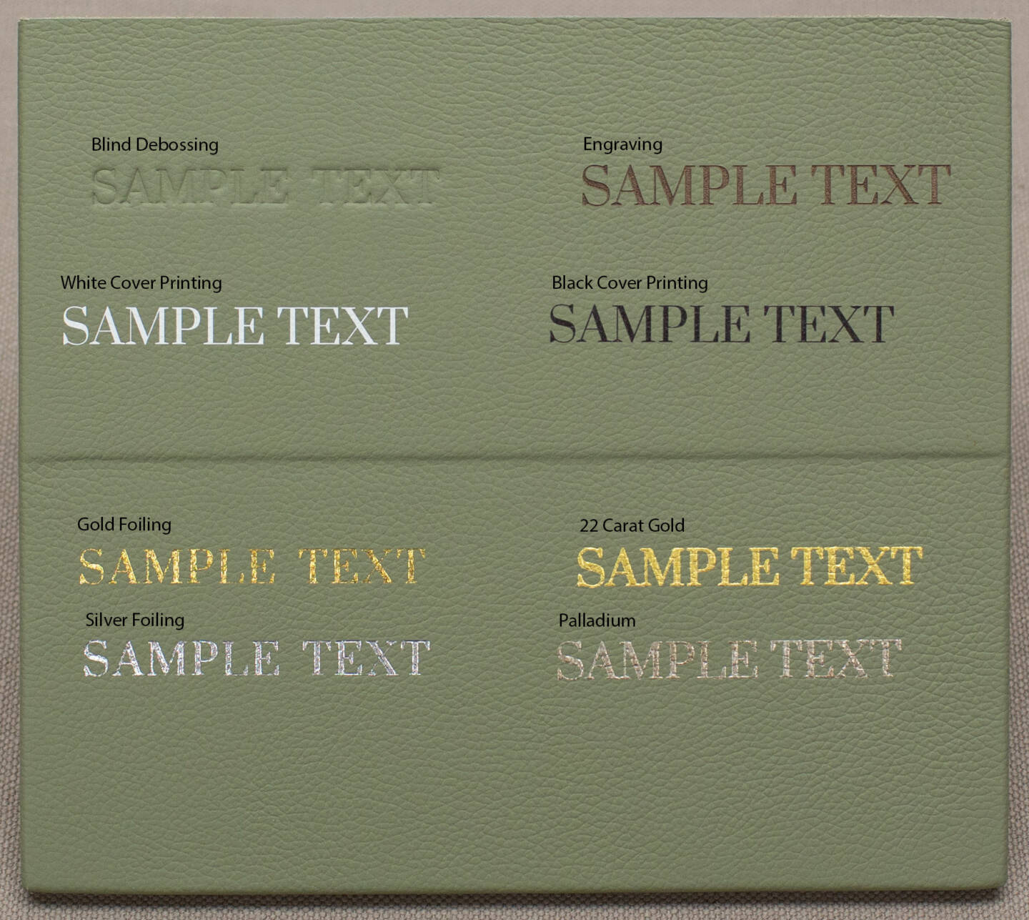 sage green leather material with different personalisation method examples